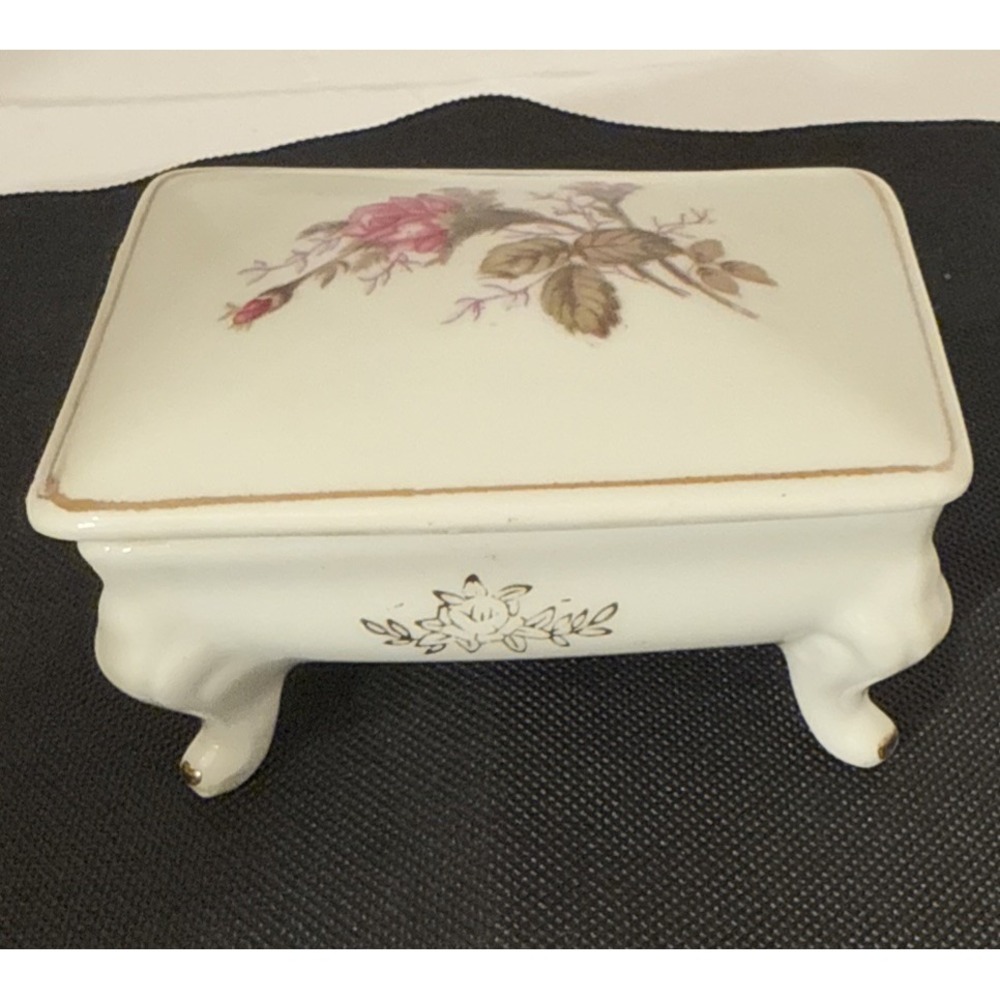 Vtg Pink Rose and Gold Trim Porcelain Rectangle Footed Jewelry/Trinket Box-Japan